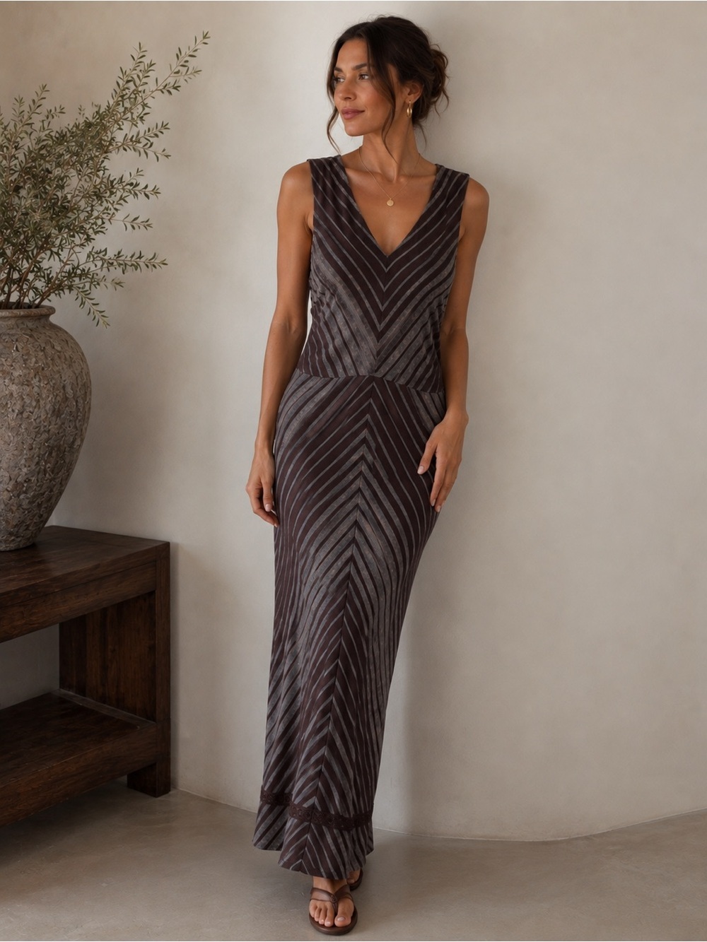 Sundance Linen Sleeveless V-Neck Chevron Maxi Dress - Brown/Gray- 2